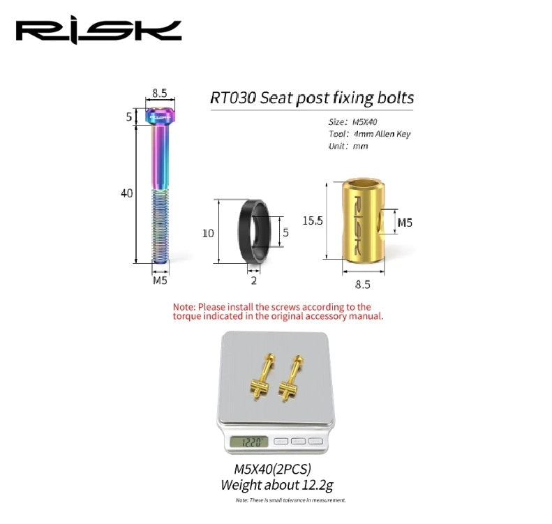RISK 2Pcs Bike Seat Post Fixed Bolts TC4 Titanium Alloy M5*40MM MTB Road Bicycle Seatpost Saddle Fixed Screws Rainbow Gold