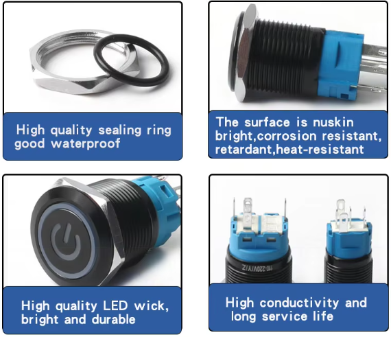 12/16/19/22mm Flat Head Black Metal Push Button Switch Momentary Latching Waterproof Illuminated Led Light Switch 5V 12V 220V