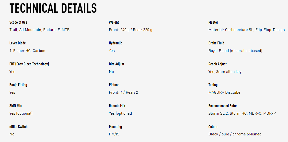 MT TRAIL SL, 1-finger HC-Carbon lever blade, suitable for mounting left or right, 2,000 mm/1,000 mm tubing length, set consisting of one brake for front wheel (4 piston) and one brake for rear wheel (2 pistons), incl. accessories (PU = 1 set)