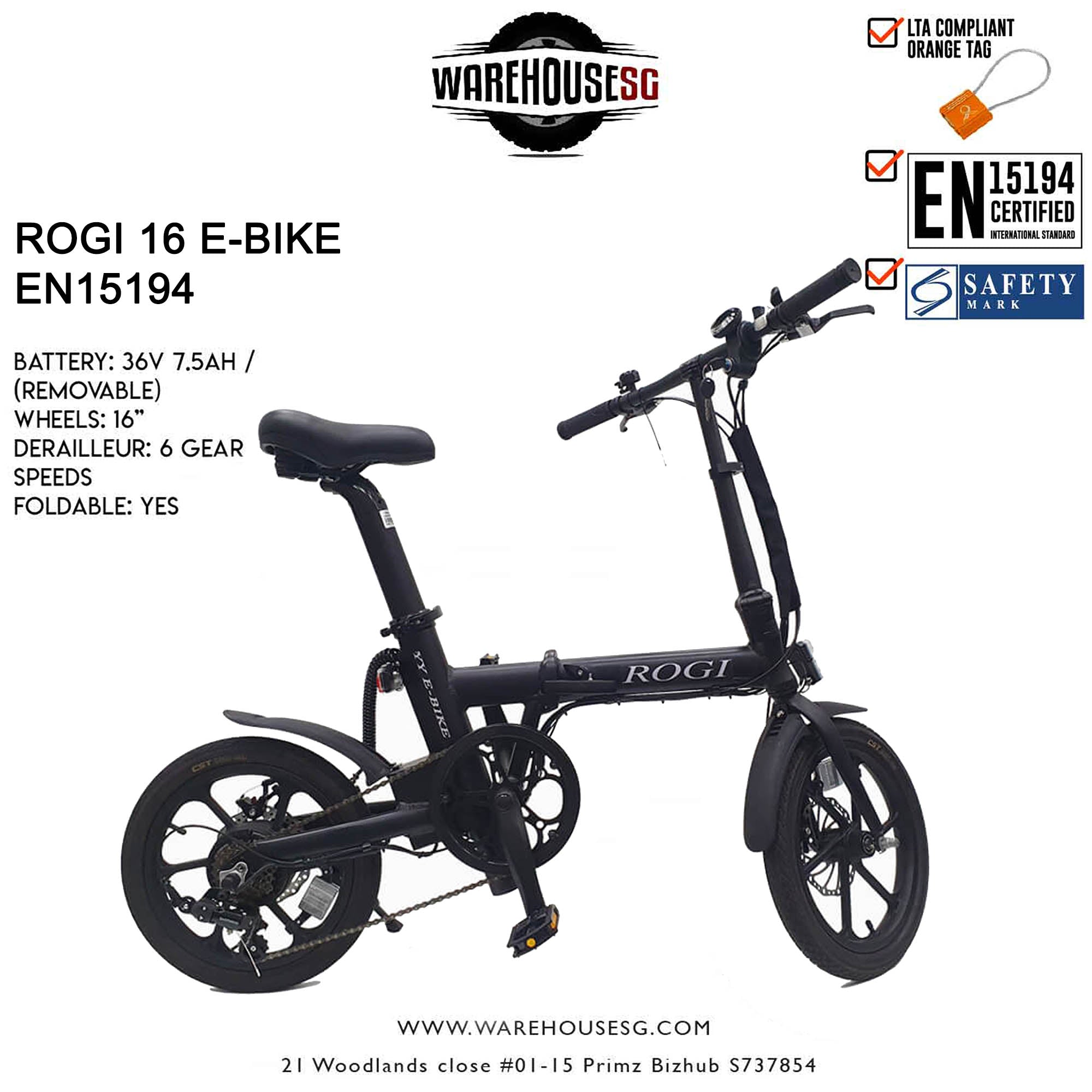 lta approved electric bicycle ROGI 16 Electric Bicycle | 36V 7.5AH | Shimano 6 Gear | EN15194
