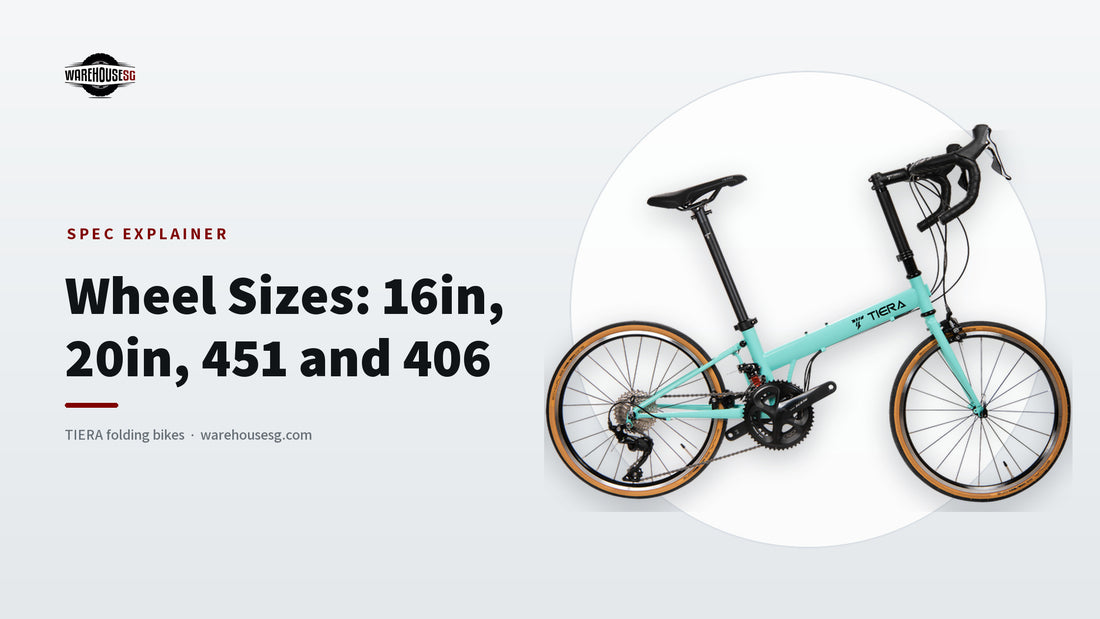 TIERA FRD22 Racing folding bike in pale mint showing its 451 wheels, side view