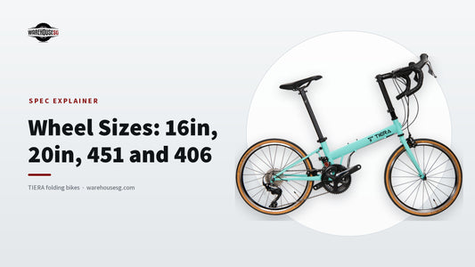 TIERA FRD22 Racing folding bike in pale mint showing its 451 wheels, side view