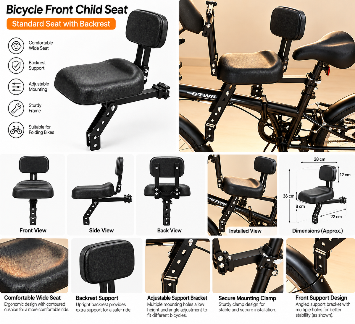 W08-1 Front-Mounted Bicycle Child Seat – Full Surround Quick Release with Backrest