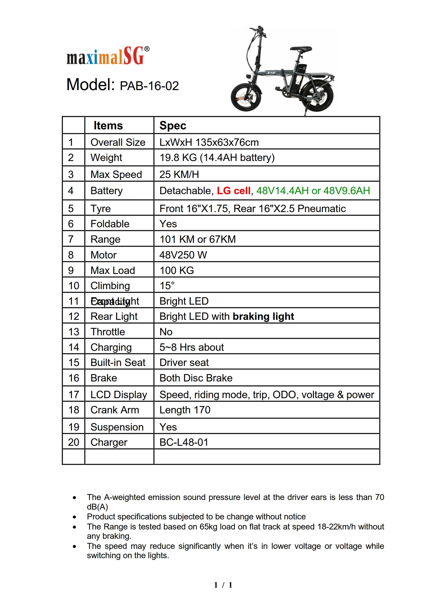 MAXIMALSG Ebike PAB 16 inch X16 48V Flexible LG cell