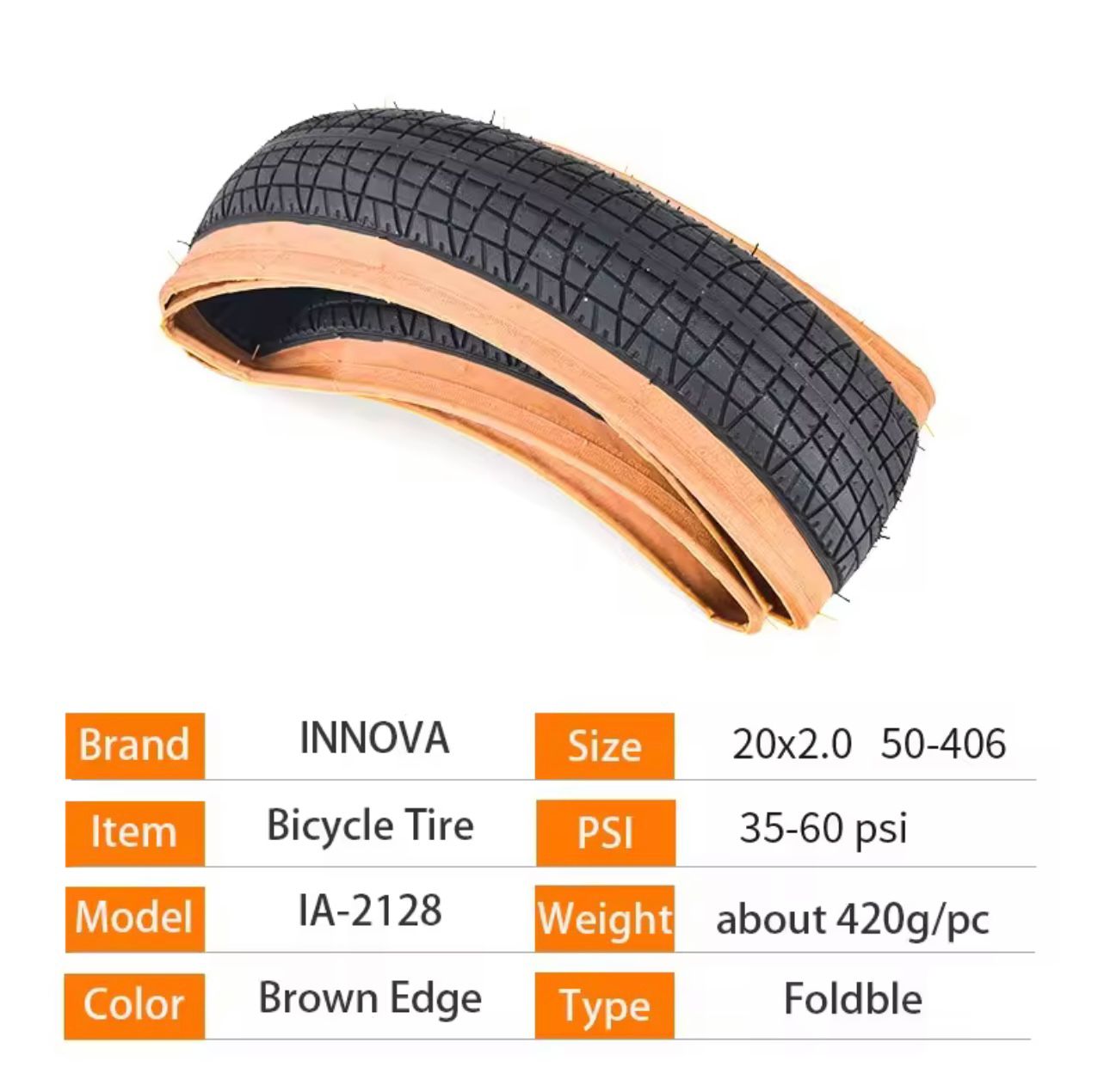 INNOVA 20 Inch Bicycle Tire 20X2.0 50-406 Retro Brown Edge Folding Bike Tire Big For P8 Bicycle Part IA-2128