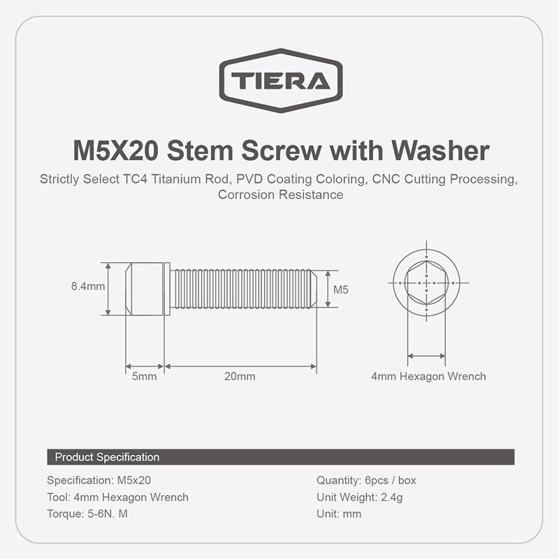 TIERA M5X20 Stem Screw with Washer Allen Hex Key Socket Cap Head (6pcs per box)