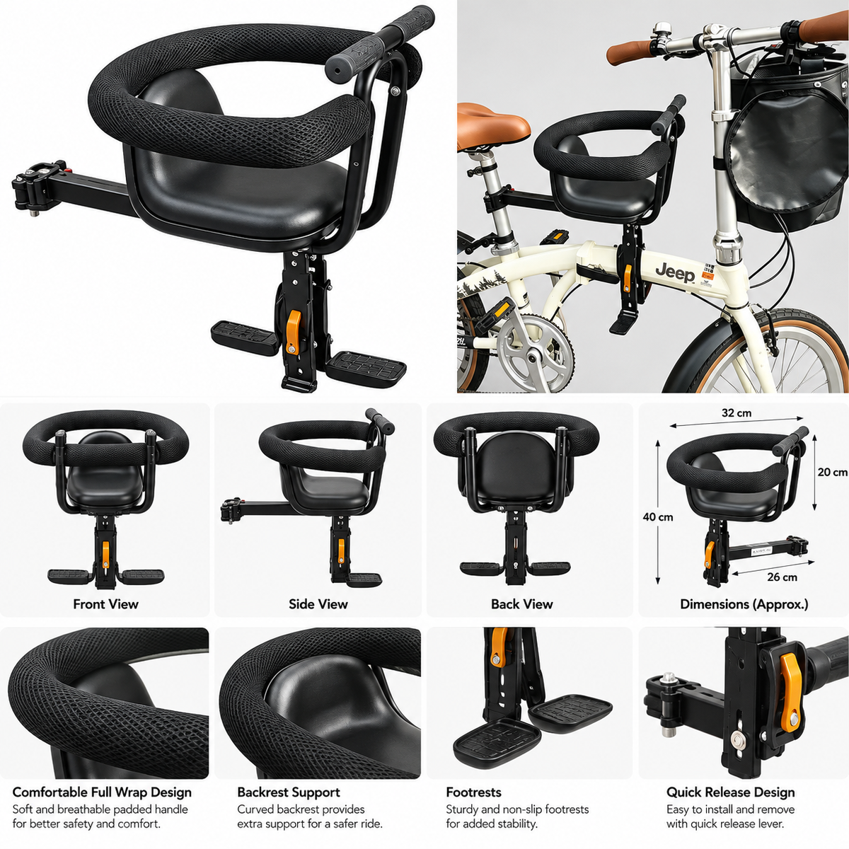 W08-1 Front-Mounted Bicycle Child Seat – Full Surround Quick Release with Backrest