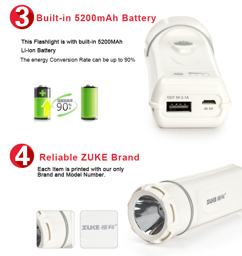 ZUKE 3W 200lumens Portable LED Touch + USB Power Bank 5200mAh