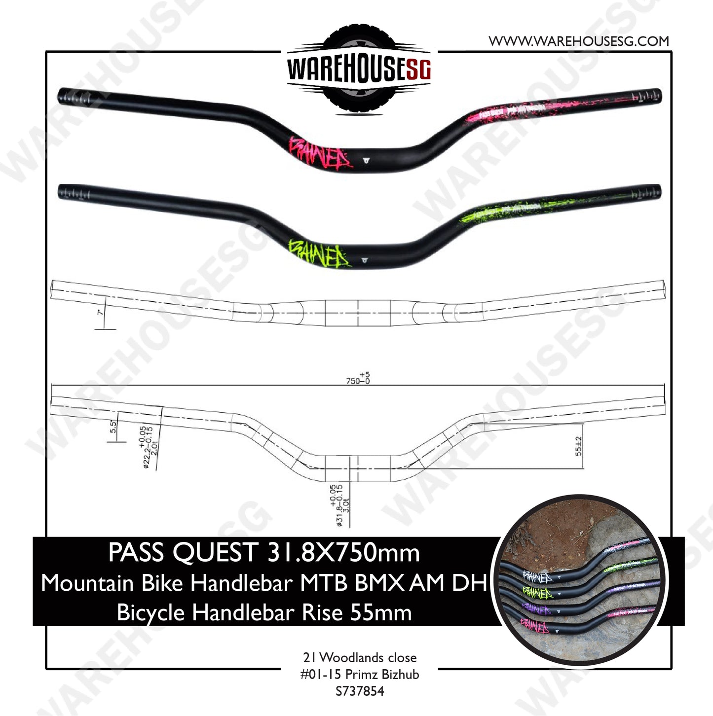 PASS QUEST 31.8mm x 750mm Mountain Bike Handlebar Rise 55mm
