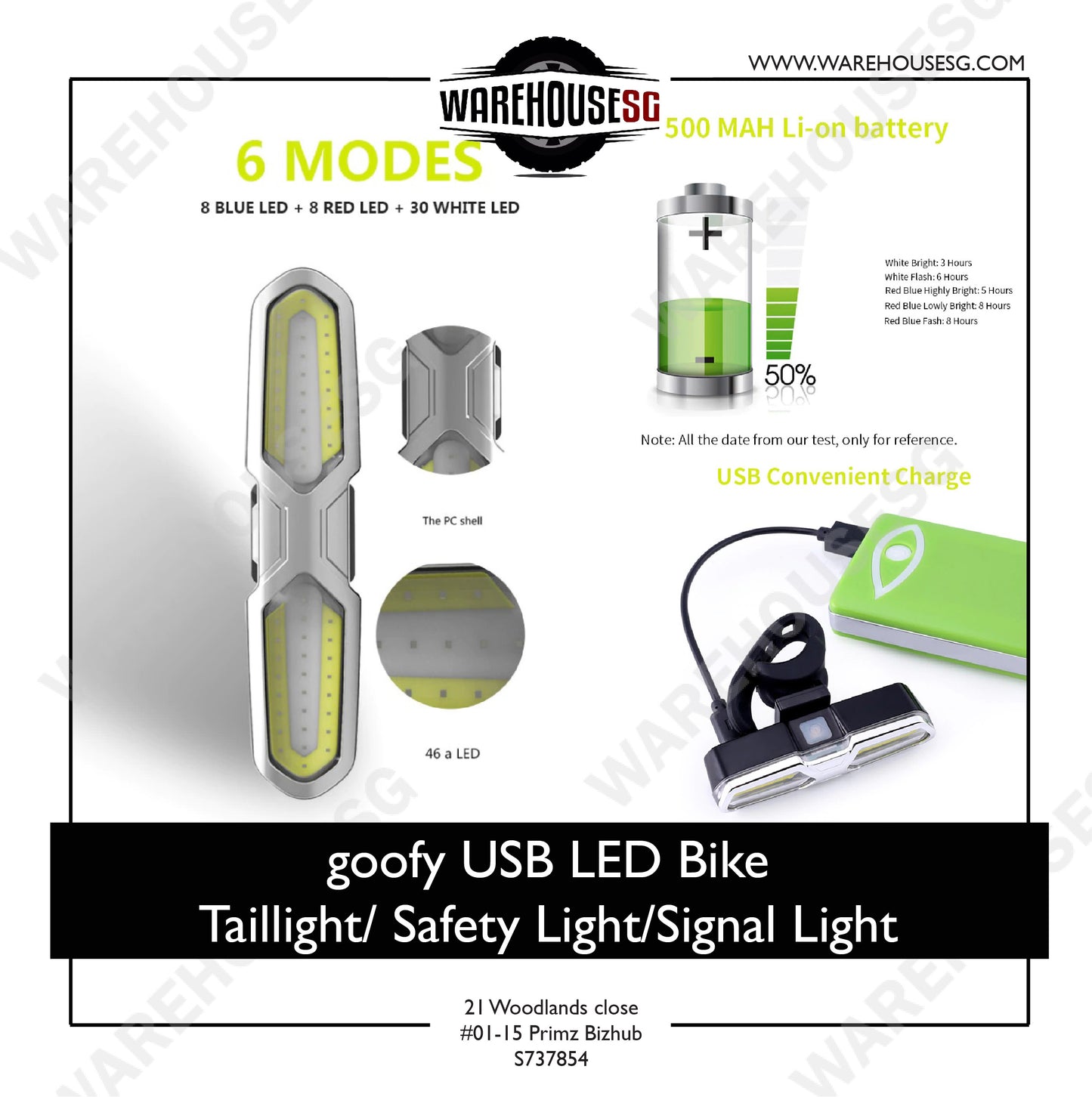 goofy USB Rechargeable Bicycle Light 3-color LED Bike / Bicycle Safety light/ Signal light
